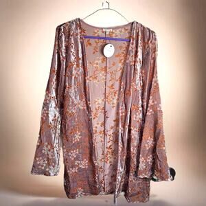 En Creme Crushed Velvet Pink Orange Kimono Cardigan Flare Sleeve Women's M - NEW